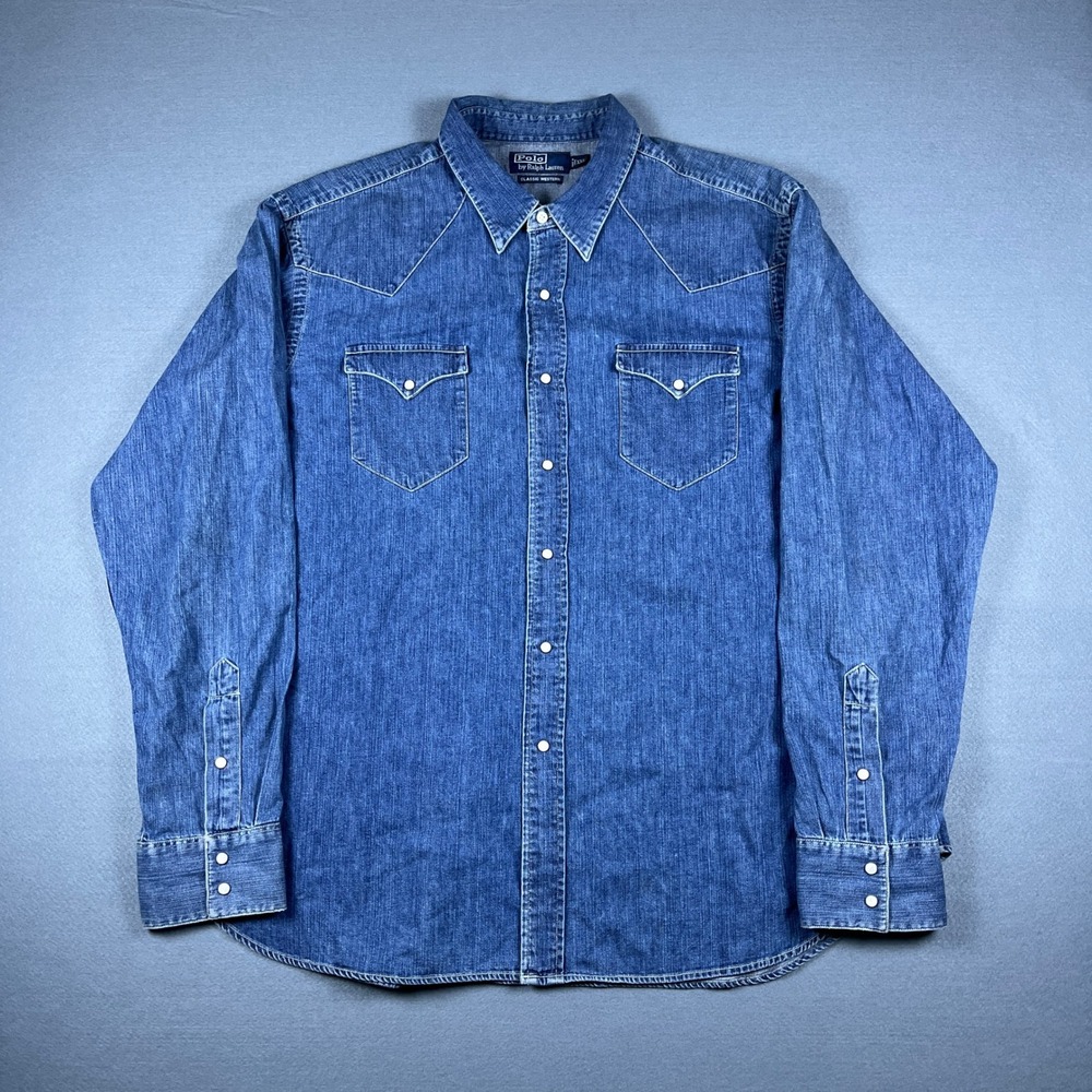 Polo Ralph Lauren Mens XXL Classic Western Denim Shirt Blue Wash Snap Front - Picture 6 of 9